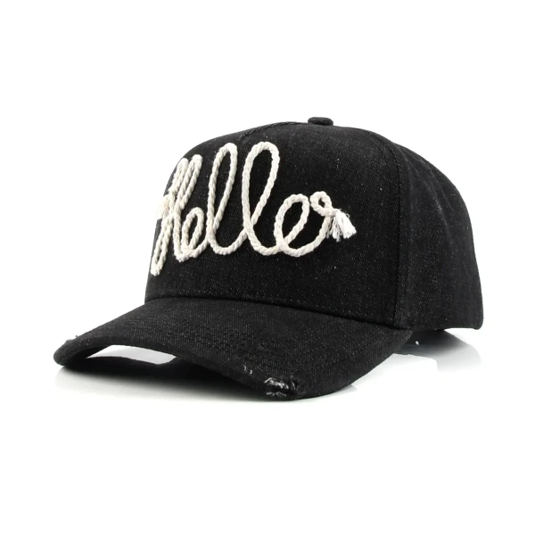 데님 5패널 베이스볼 캡 아플리케 자수 / 실크스크린 인쇄 디테일 - Premium OEM headwear detail