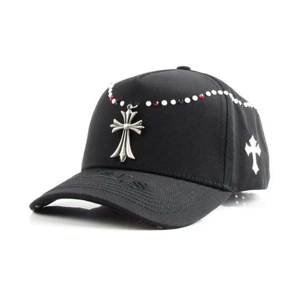 topi baseball 5 panel berbahan katun dengan Flat Embroidery dan Rhinestone - Premium OEM headwear detail